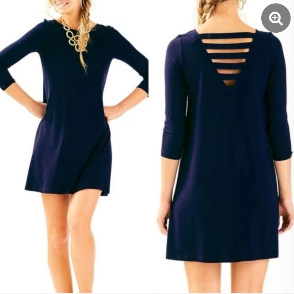 Lilly Pulitzer Navy Dress LongSleeve Swing Ophelia Ladder Back Athleisure Size L